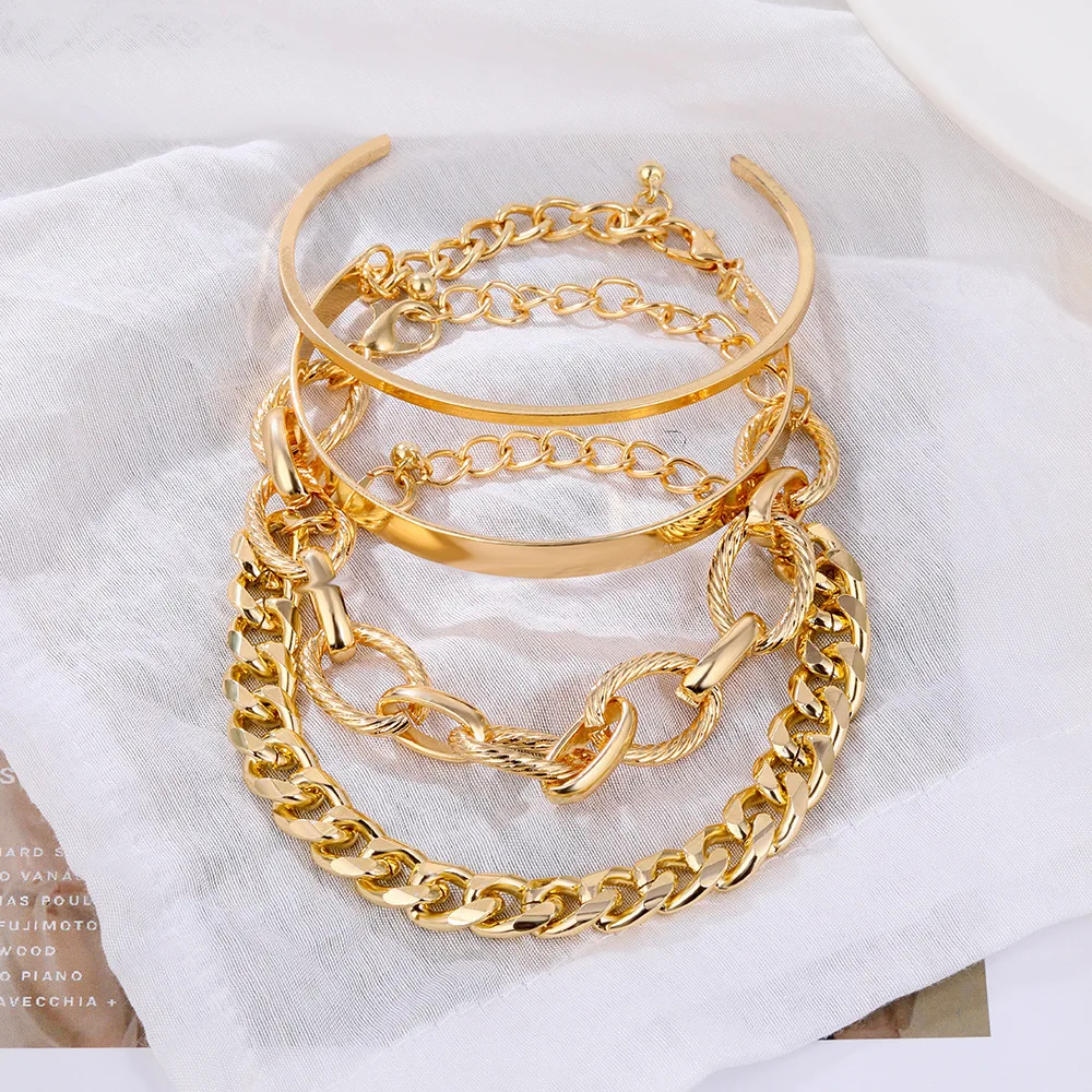 4Pcs Punk Heavy Metal Big Thick Chain Bracelet Set Retro Geometric Metal Twist Chain Bangles Bracelet For Women Fashion Jewelry