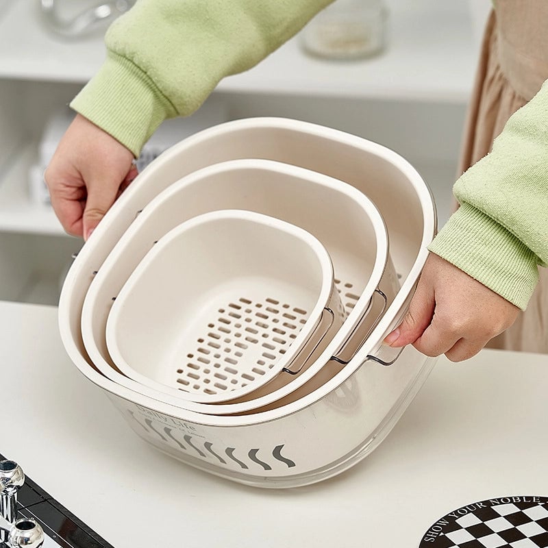 Vegetable Washing Basket Style Cream White Household Kitchen Fruit And Vegetable Basket Thickened Double-layer Fruit Storage Filter Basket Drain Basket