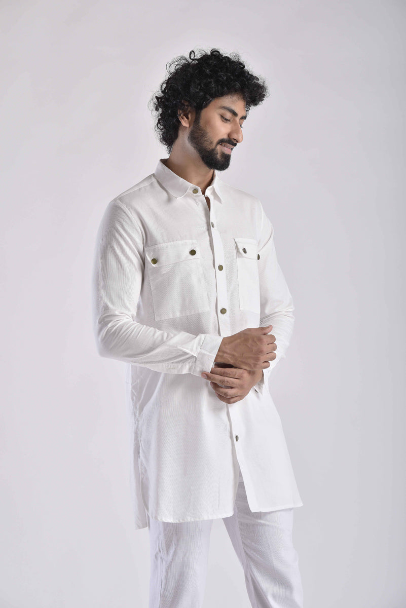 White Pashtooni Kurta Pant Set