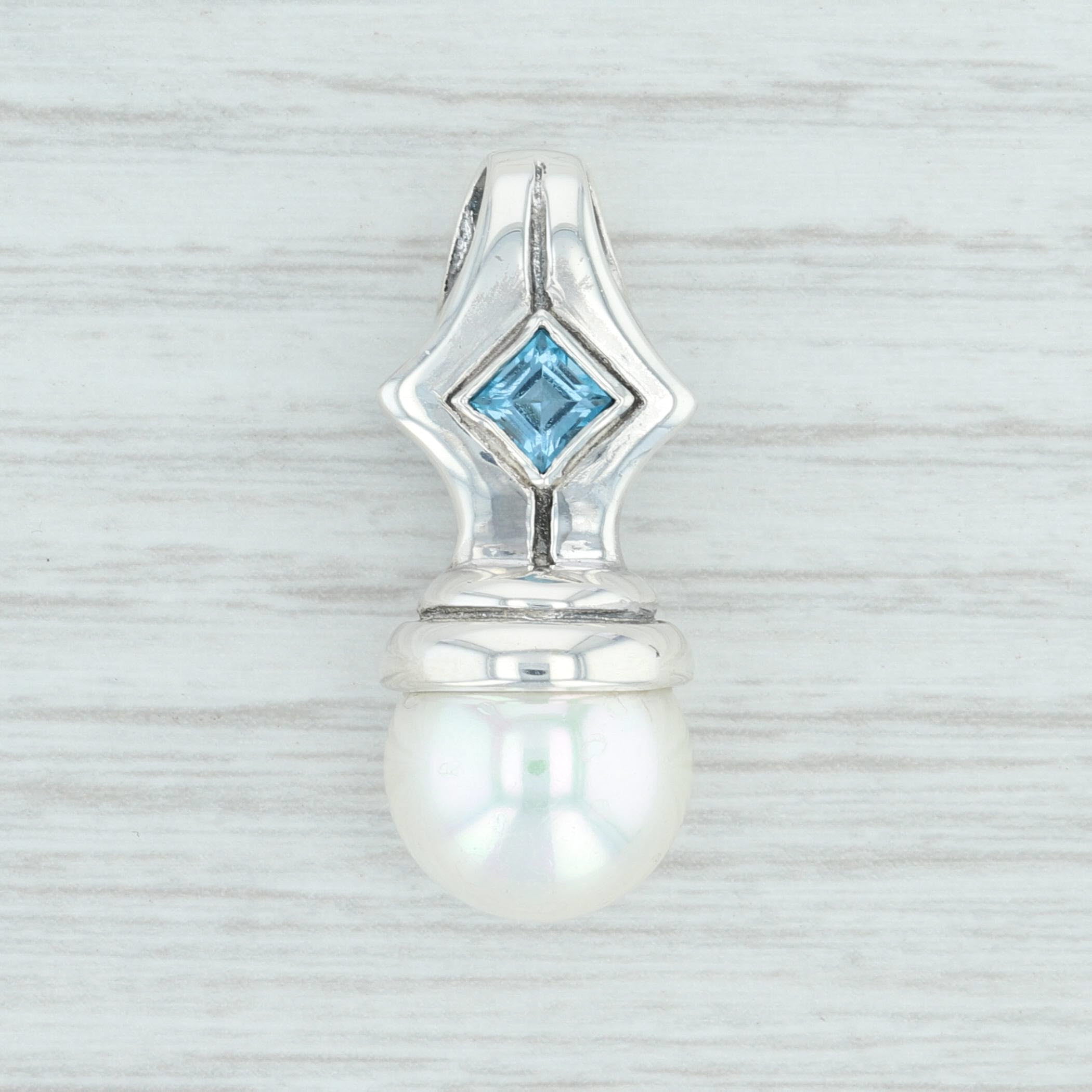 .47ct Blue Topaz & Imitation Pearl Pendant Sterling Silver Drop Statement