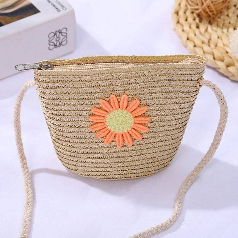 Women's Mini Straw Daisy Vintage Style Round Zipper Straw Bag