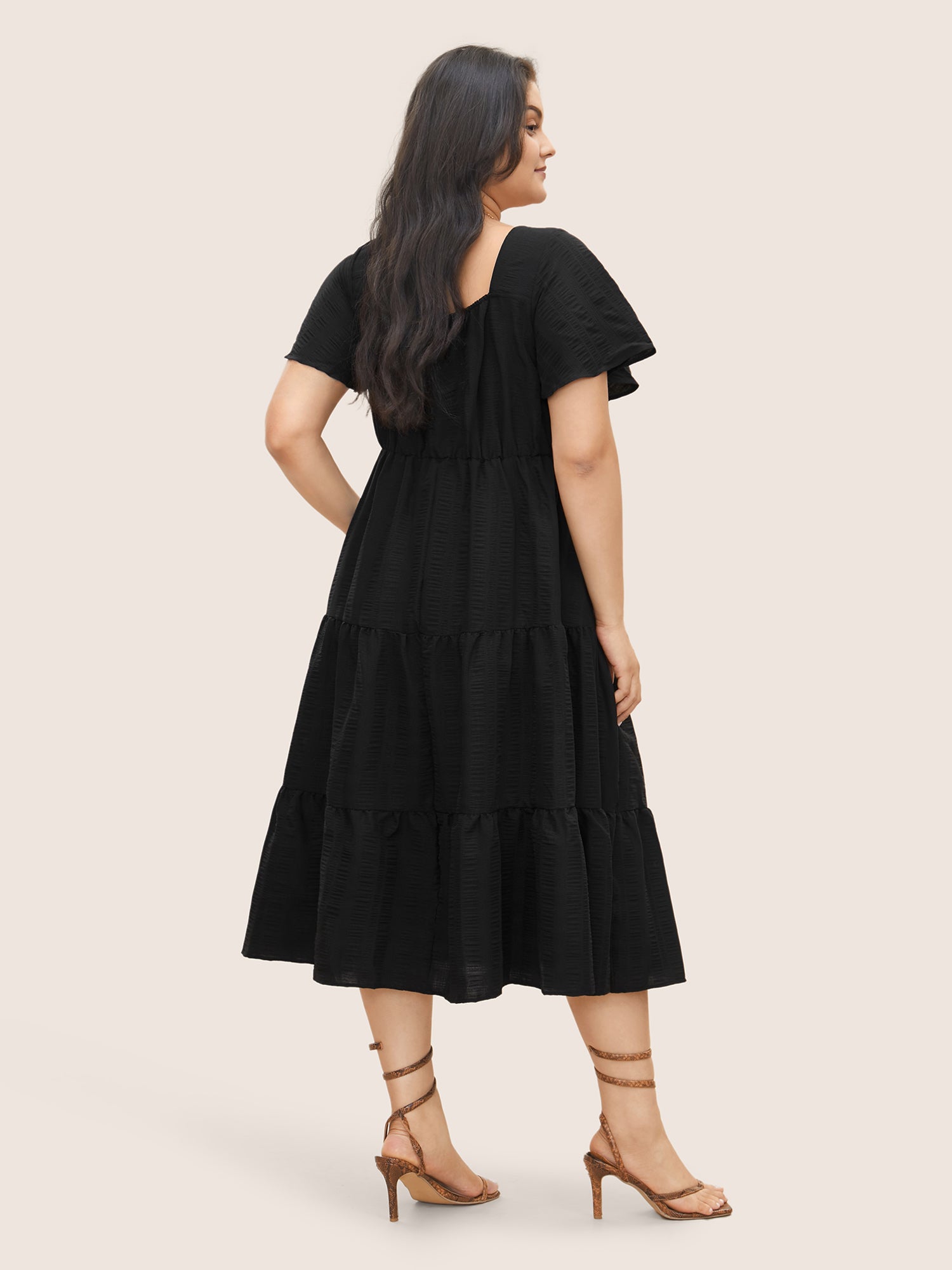 Plain Ruched Drawstring Pocket Ruffle Tiered Dress