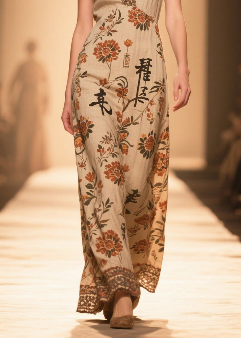 Handmade Coffee V Neck Print Cotton Straight Dress Sleeveless