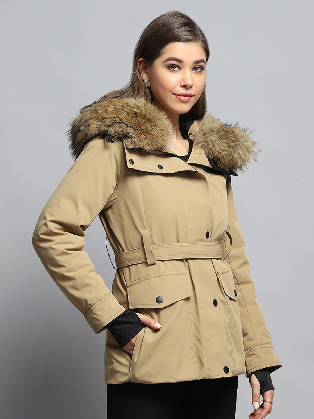 Women Khaki Solid Hooded Full Sleeve Jacket