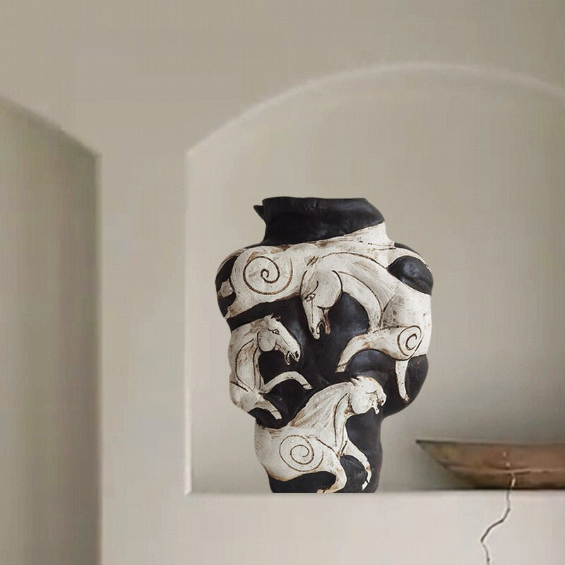 Handmade Wabi-Sabi Horse Relief Ceramic Vase