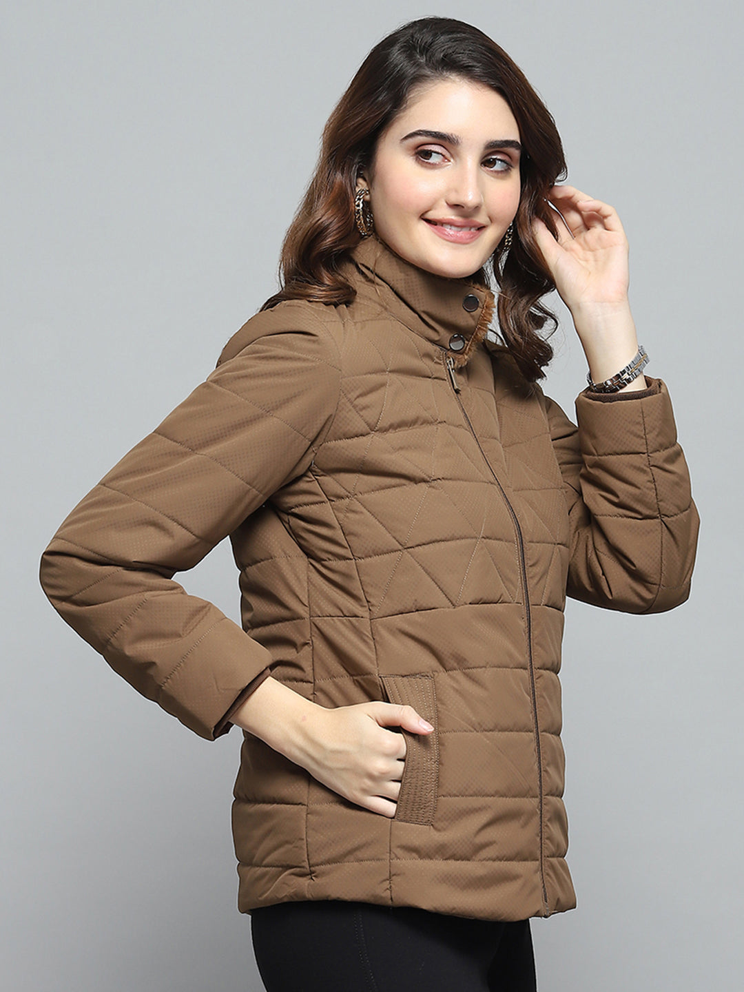 Women Brown Self Design Mock Neck Full Sleeve Jacket