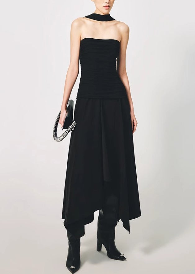 Italian Black Wrinkled Solid Cotton Long Dress Sleeveless