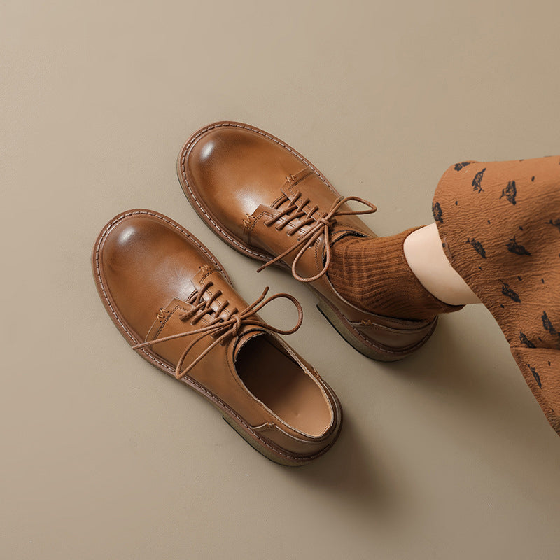 British Style Handmade Washed Cow Leather Soft Derby Shoes in Brown/Black