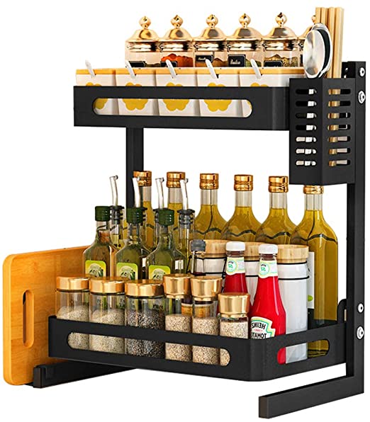 2 Tier Metal Kitchen Spice Rack Countertop Storage Organizer Shelf Detachable for Easy Cleaning Black