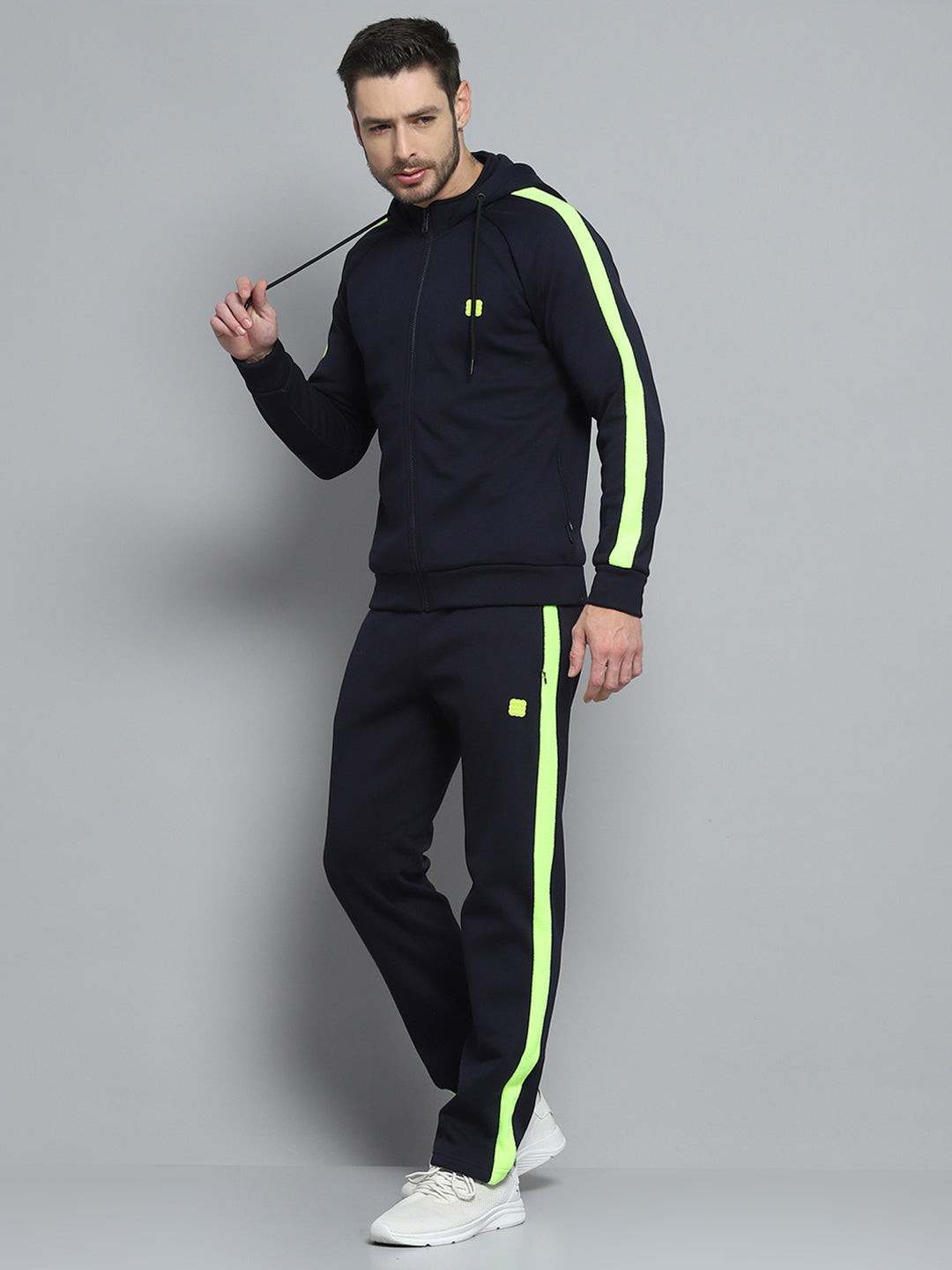 Men Navy Blue Solid Hooded Full Sleeve Winter Tracksuit