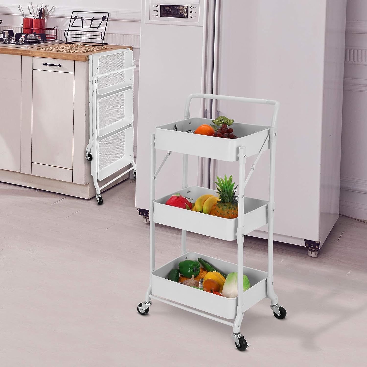 Foldable 3 Tier Metal Utility Rolling Cart. Folding Mobile Multi-Function Storage Trolley Organizer Cart (White)