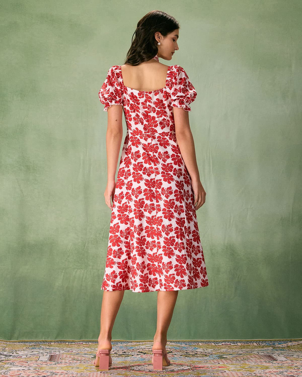 The Red Square Neck Floral Ruched Midi Dress