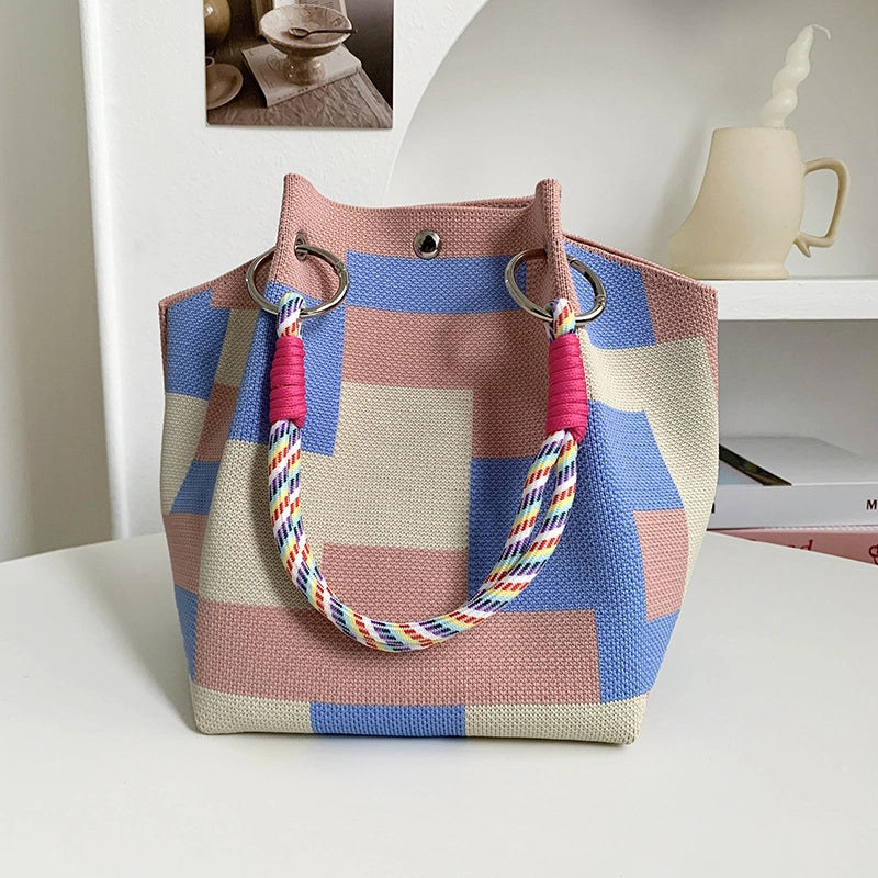 Women's Polyester Plaid Flower Classic Style Bucket Open Handbag