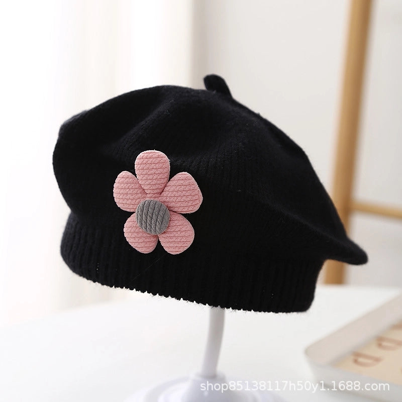 Baby Hat Autumn And Winter Baby Girls' Cute Flower Beret Children's Wool Hat Girls' Knitted Painter Hat Fashion
