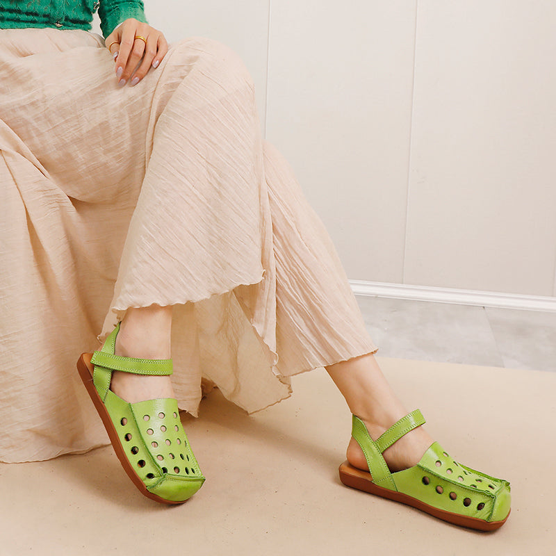 Square Toe Hollow-Out Leather Slingback Flat Sandals for Summer in Green/Black