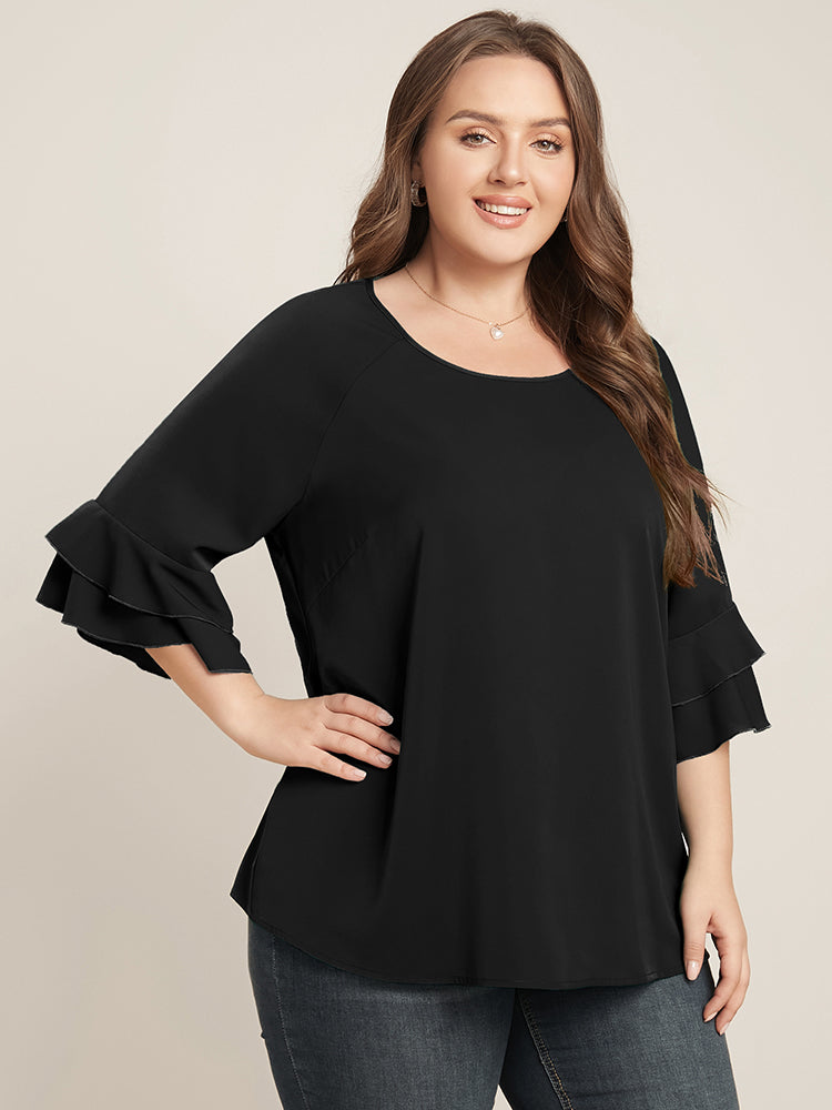 Plain Ruffle Tiered Round Neck Blouse