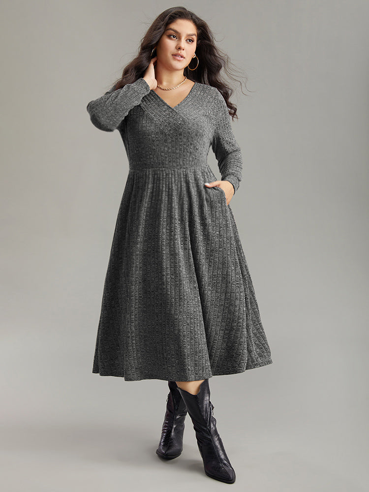 Rib Knit Plain Plisse Long Sleeve Dress