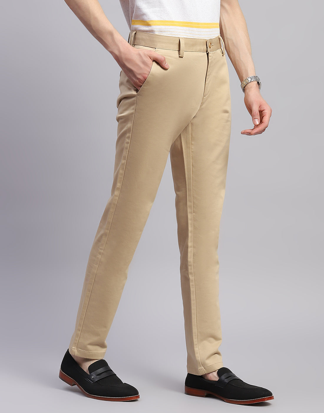 Men Beige Solid Regular Fit Trouser