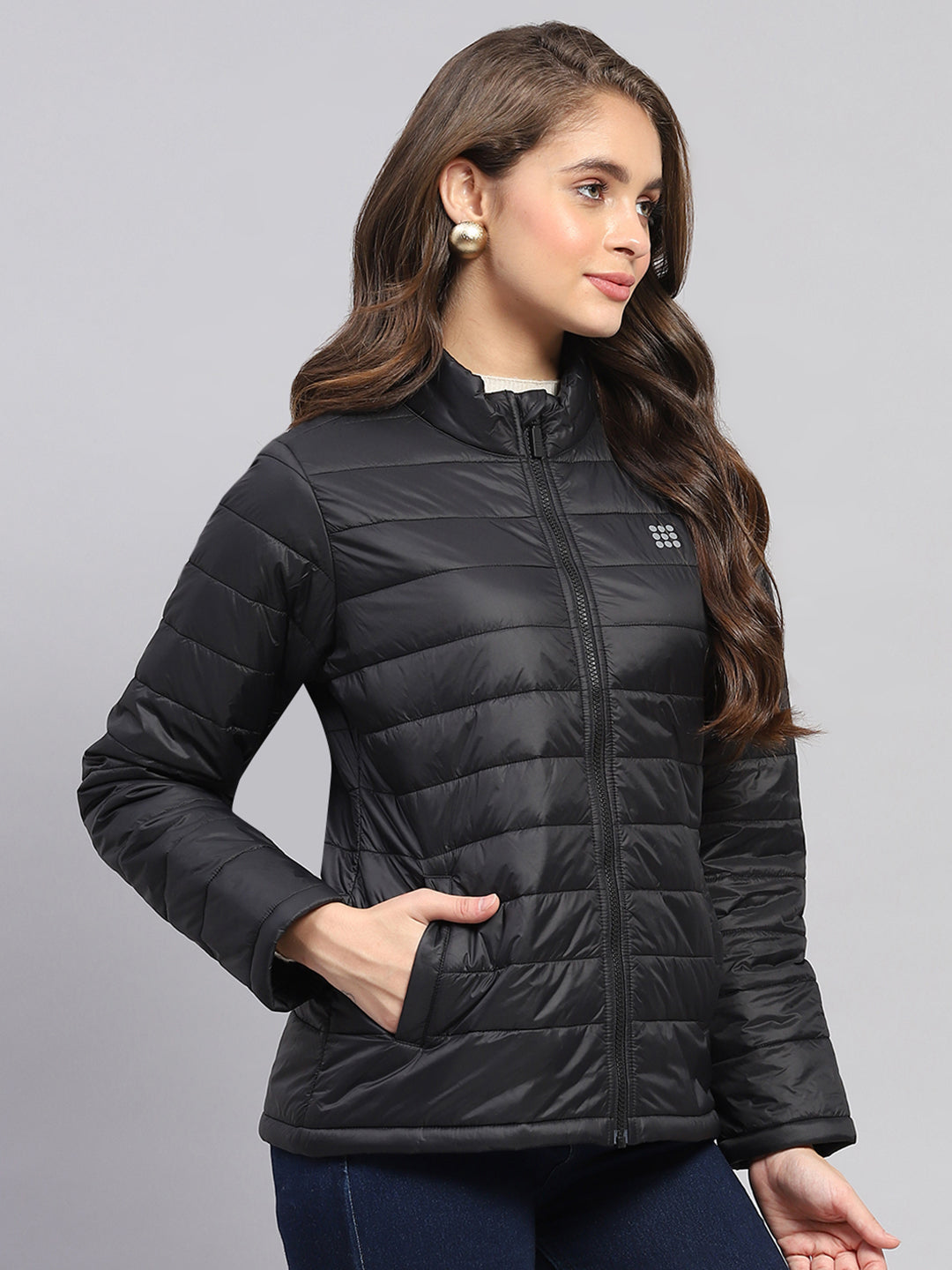 Women Black Solid Mock Neck Full Sleeve Jacket