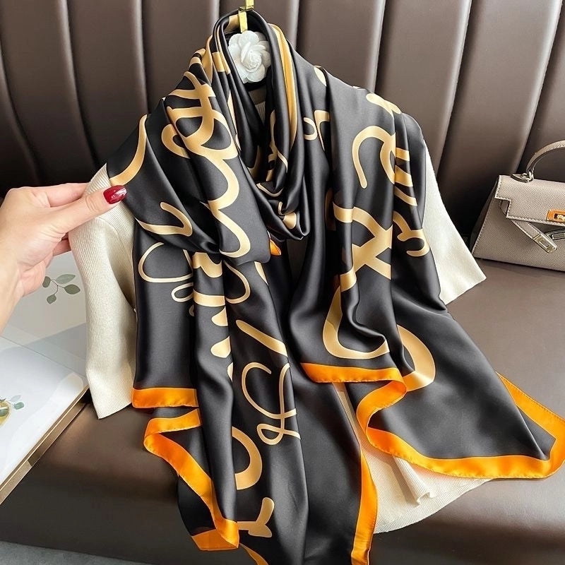 Women's Fashion Letter Plaid Satin Printing Silk Scarves