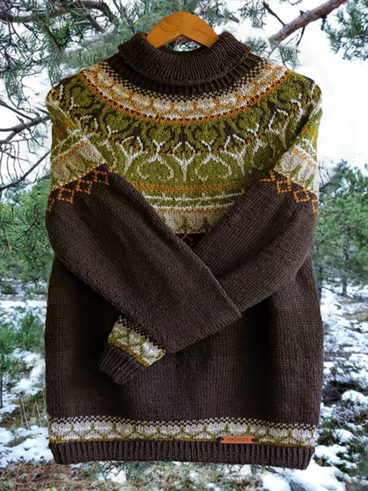 Unisex Vintage Green Icelandic Knit Jacquard Warmth High Neck Sweater