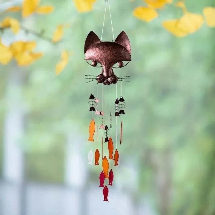 🐱Handcrafted Metal Cat and Recycled Glass Fish Wind Chime🎏