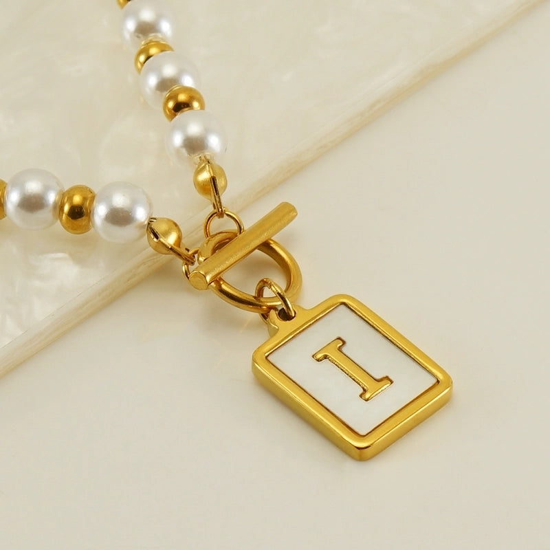 Stainless Steel 18K Gold Plated Elegant French Style Pearl Plating Inlay Letter Shell Pendant Necklace
