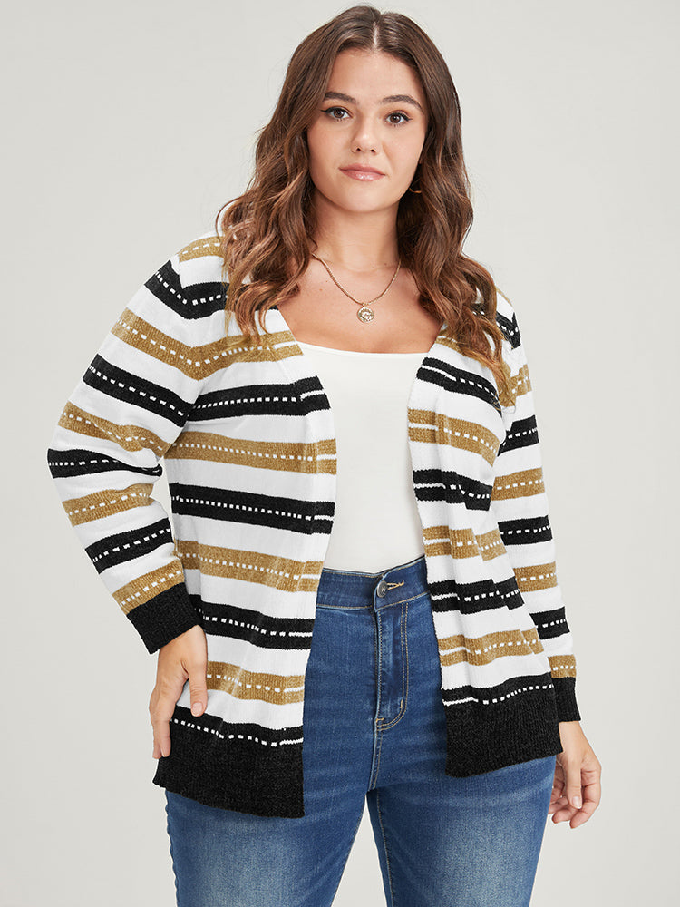 Striped Contrast Pointelle Knit Jacquard Open Front Cardigan