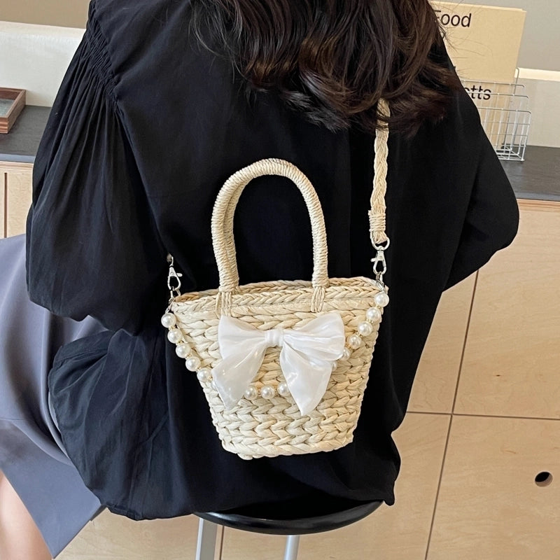 Women's Straw Solid Color Bow Knot Beach Weave Sewing Thread String Handbag Crossbody Bag Bucket Bag