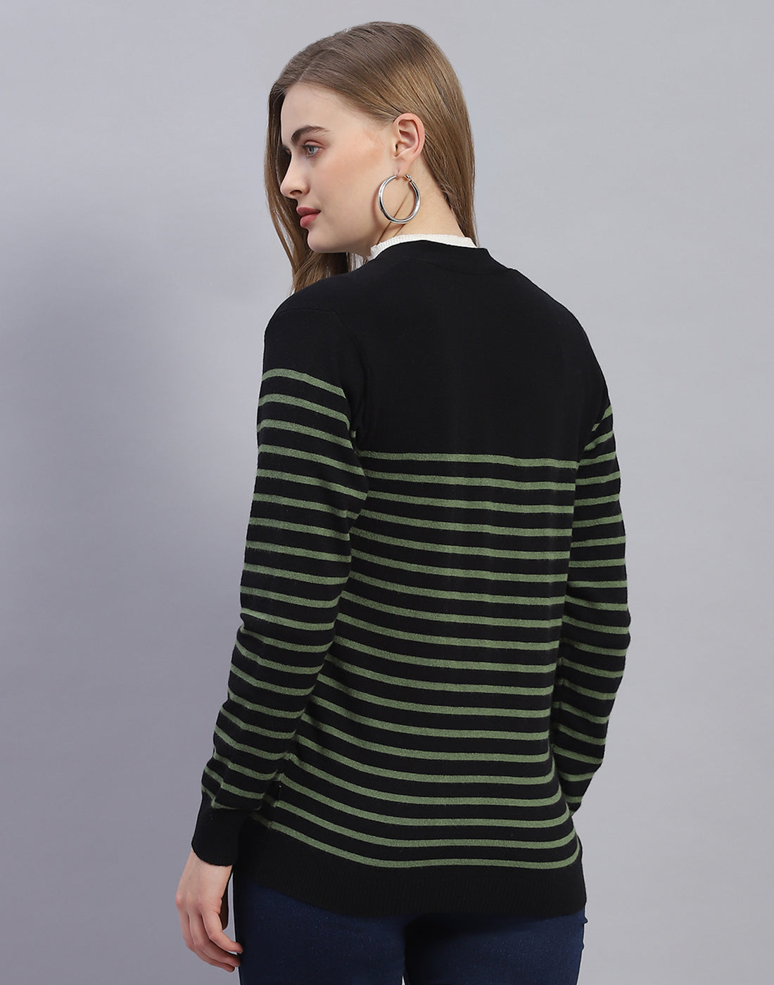 Women Black Stripe V Neck Full Sleeve Cardigan