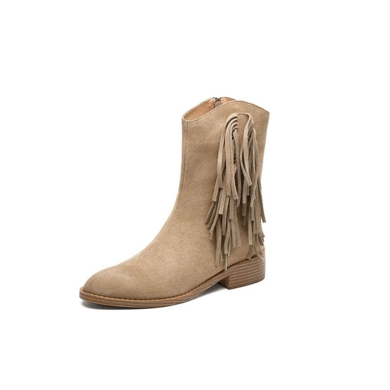 Women's Nubuck?Leather Mid Calf Tassels Boots With Side Zipper In Camel/Khaki