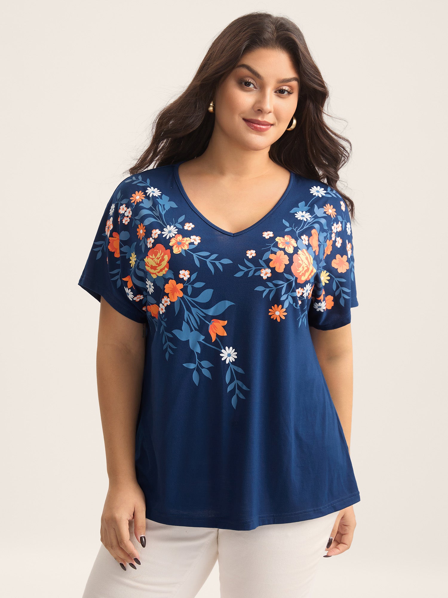 V Neck Floral Print Stretchy T-Shirt
