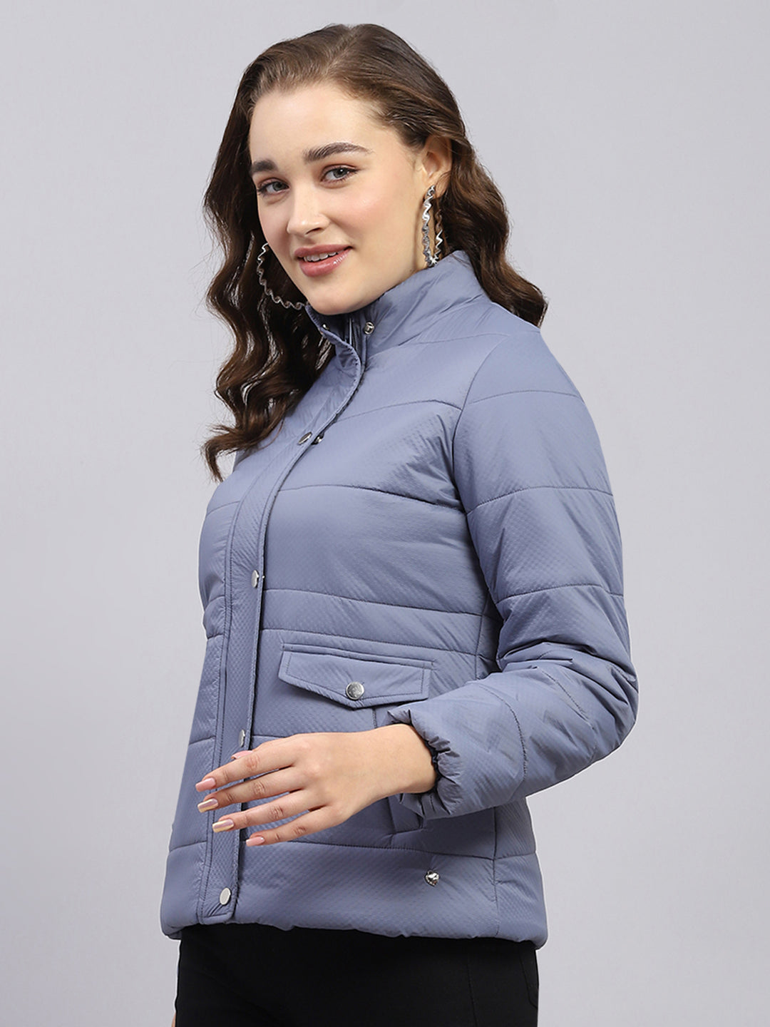 Women Blue Solid Mock Neck Full Sleeve Jacket