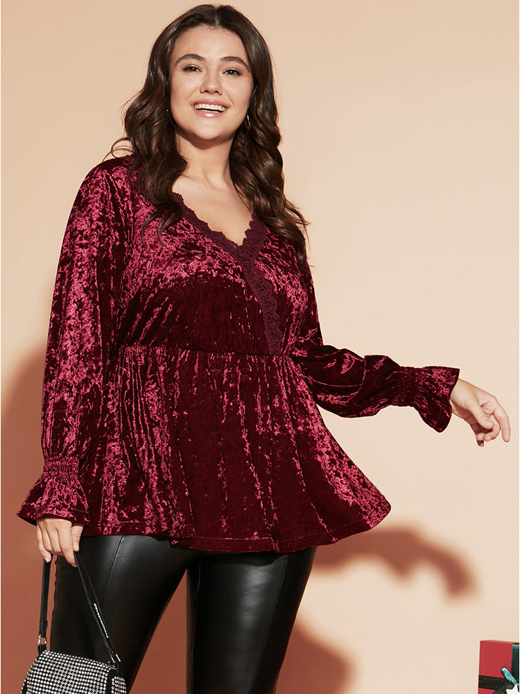 Solid Wrap Lantern Sleeve Lace Trim Velvet Long Tee