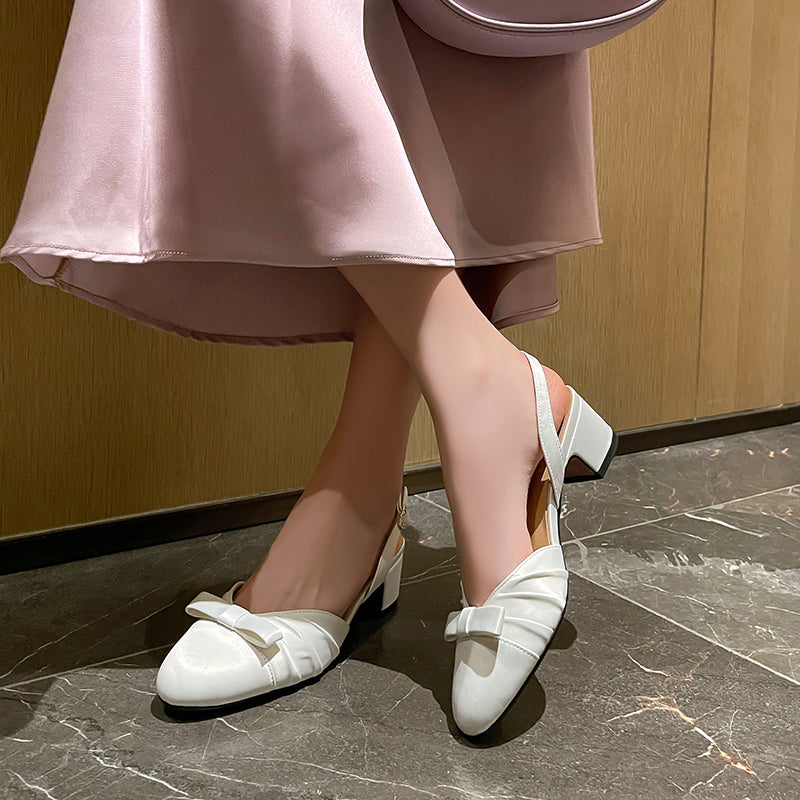 Elegant Colorblock Slingback Sandals with Bow Satin Closed-Toe Dress Shoes in Green/White/Pink
