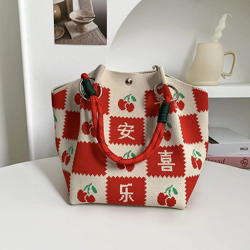 Women's Polyester Plaid Flower Classic Style Bucket Open Handbag