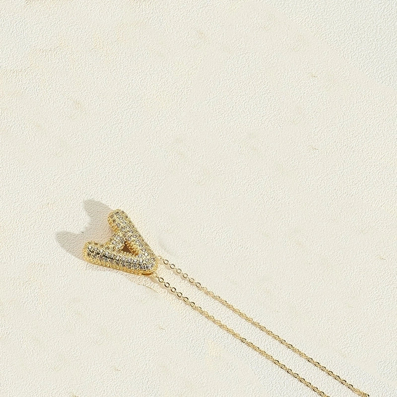 Copper 14K Gold Plated Minimalist Inlay Letter Zircon Pendant Necklace