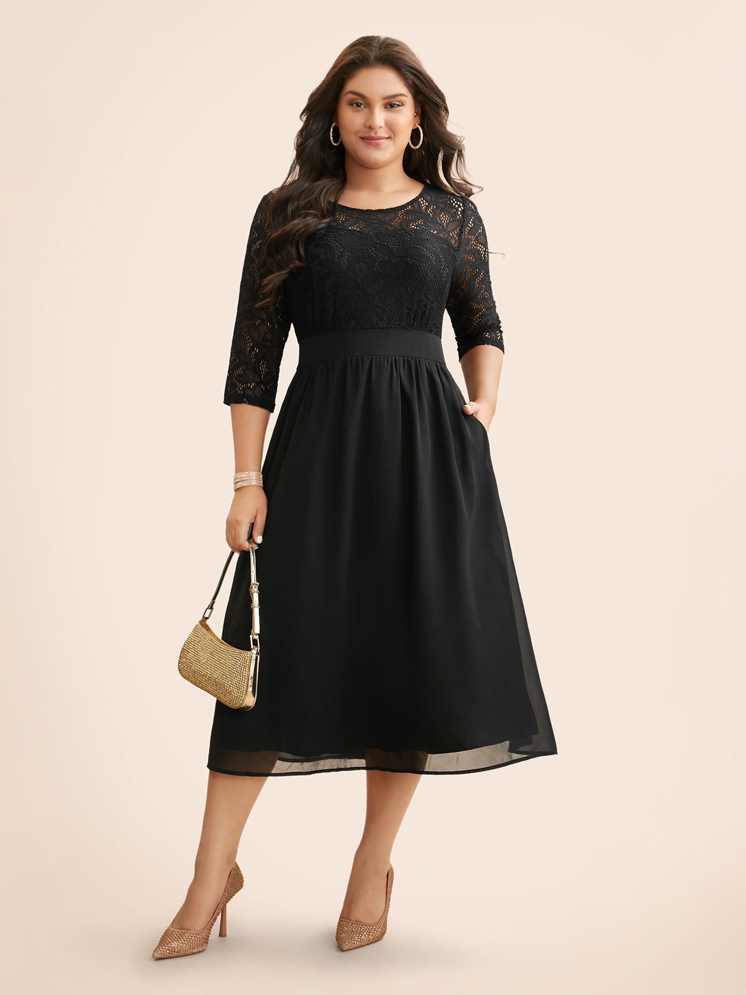 Lace Patchwork Shirred Midi Pocket Dress