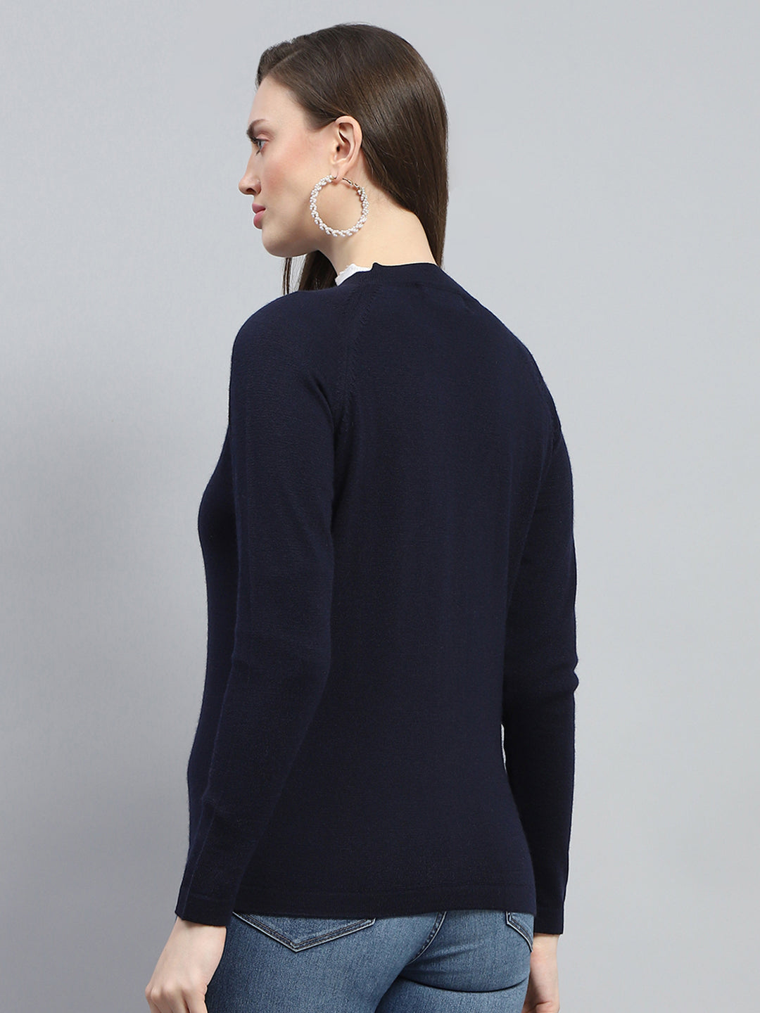 Women Navy Blue Solid V Neck Full Sleeve Cardigan