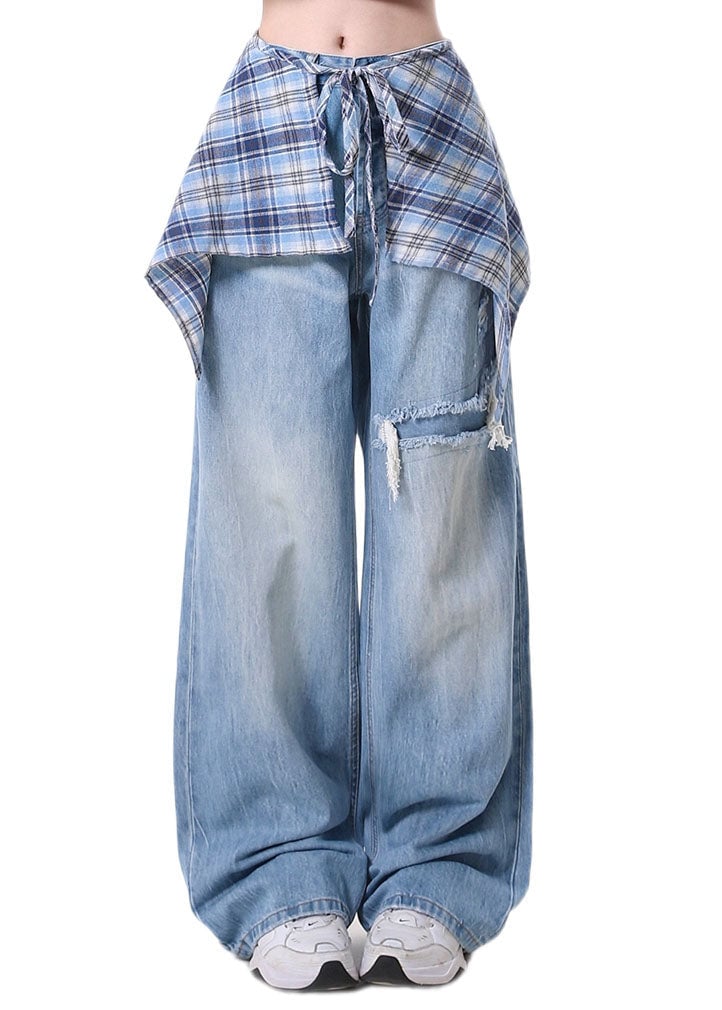 Trendy High Street Detachable Skirt Design Denim Wide Leg Pants Spring