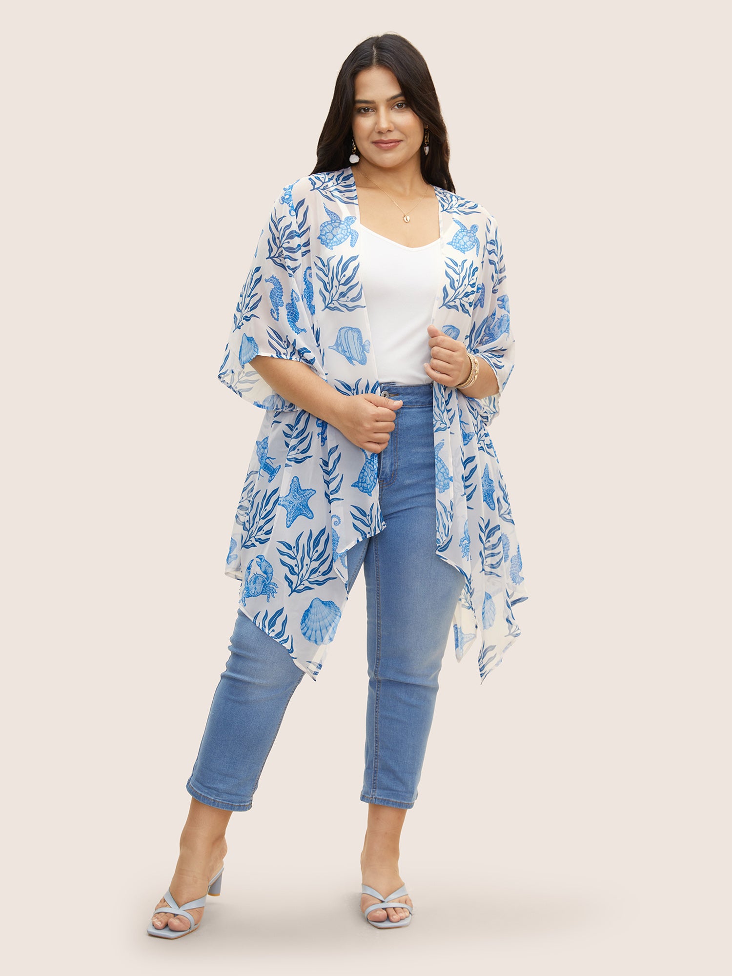 Marine Elements See Through Asymmetrical Hem Kimono
