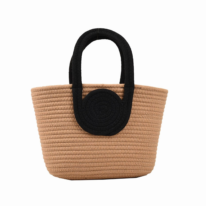 Women's Large Cotton Solid Color Vacation Weave Bucket Open Tote Bag