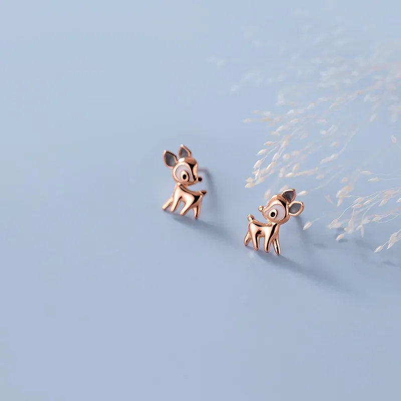 925 Sterling Silver Cute Animal Deer Shape Rose Gold Plated Ear Stud Earrings Jewelry for Women Girls