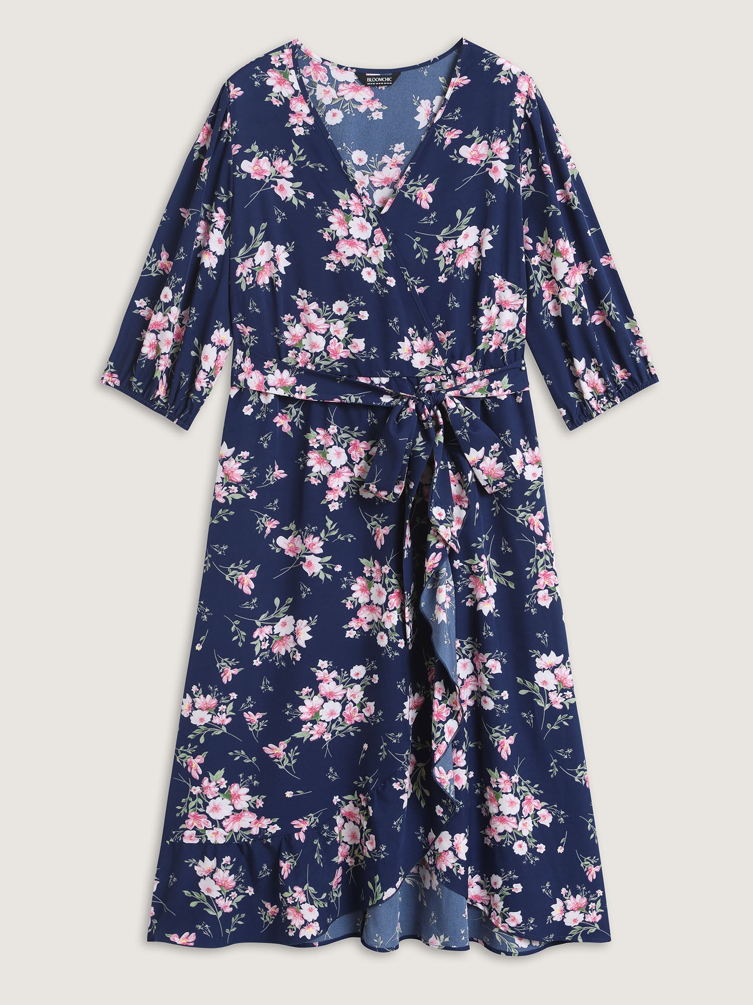 Floral Print Belted Wrap Hem Midi Dress