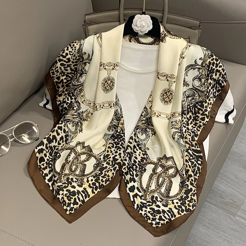 Women's IG Style Elegant Stripe Flower Chains Print Satin Printing Silk Scarf