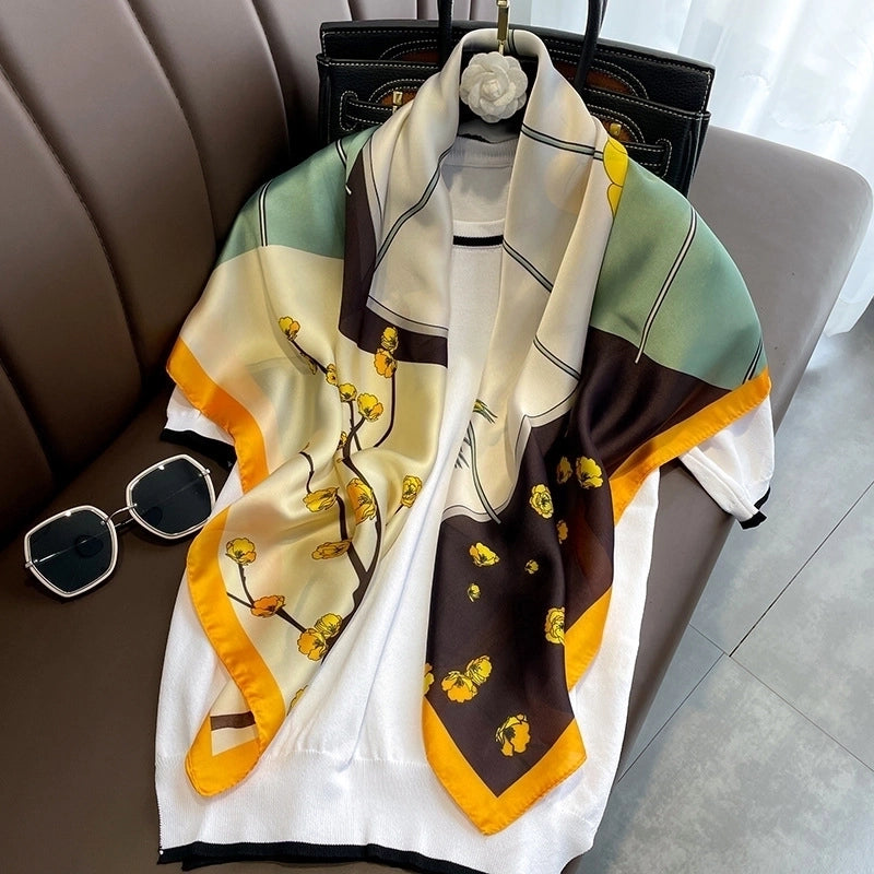 Fashion Light Luxury 90cm Simulation Silk Scarf Simple Striped Large Square Scarf