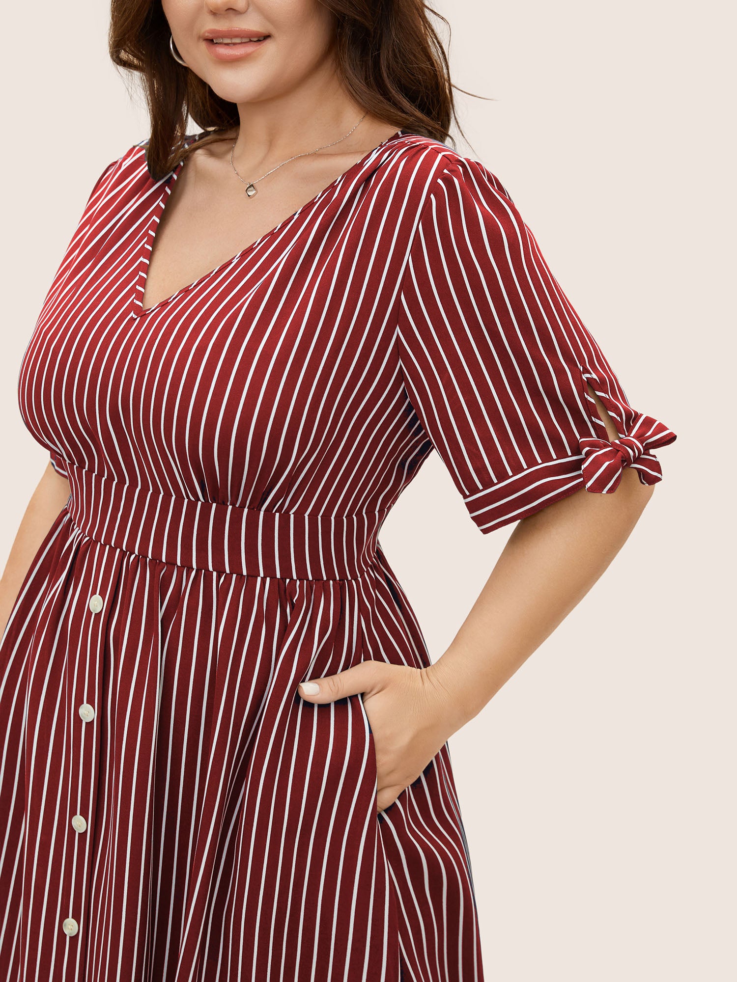 Striped Knot Sleeve Button Detail Dress