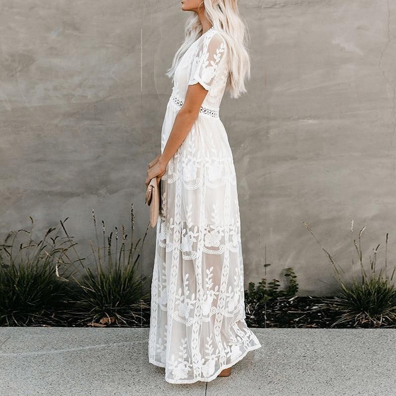 Boho Dress for Women|Bohemian Dress|Midi Boho Dress| Summer Lace Embroidery Long Sleeve V-neck White Chiffon Dress Lady mesh Patchwork Boho Dresses|Wedding Guest Dress