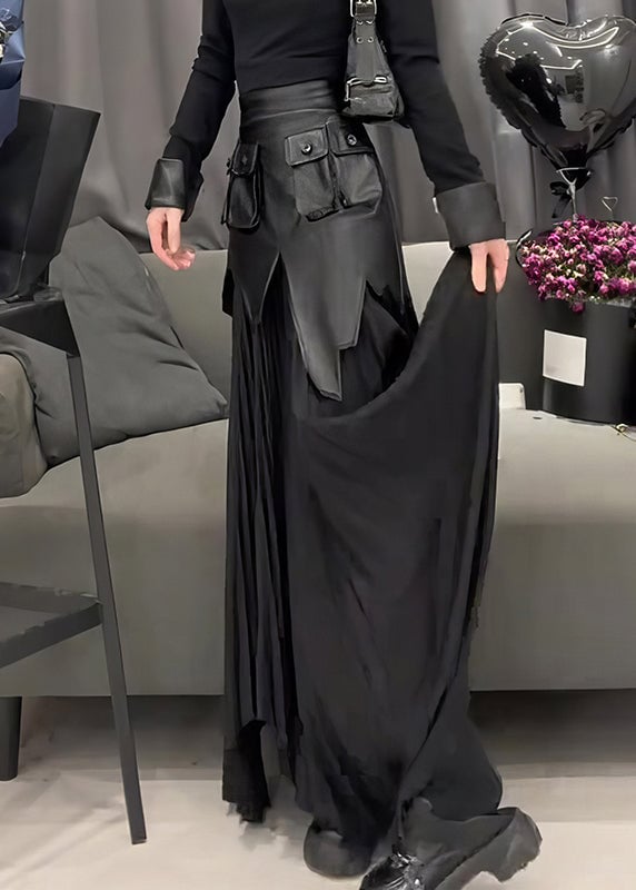 Bohemian Black PU Patchwork Wrinkled A Line Skirt Summer