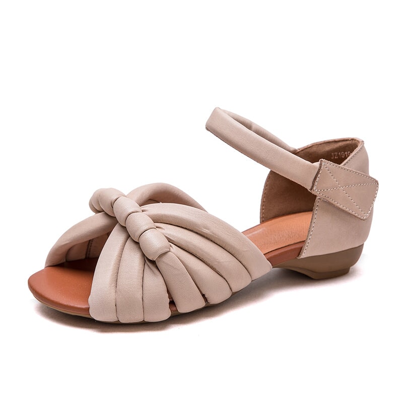 Handmade Leather Woven Peep Toe Roman Sandals with Velcro Strap in Green/Apricot